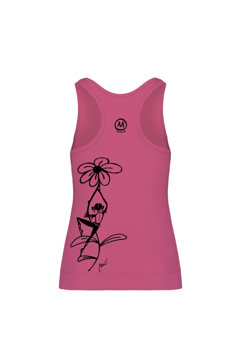 Women's fuchsia sports tank top with Carla climbing artwork from the FLOWERS × CLIMBING HER collection.