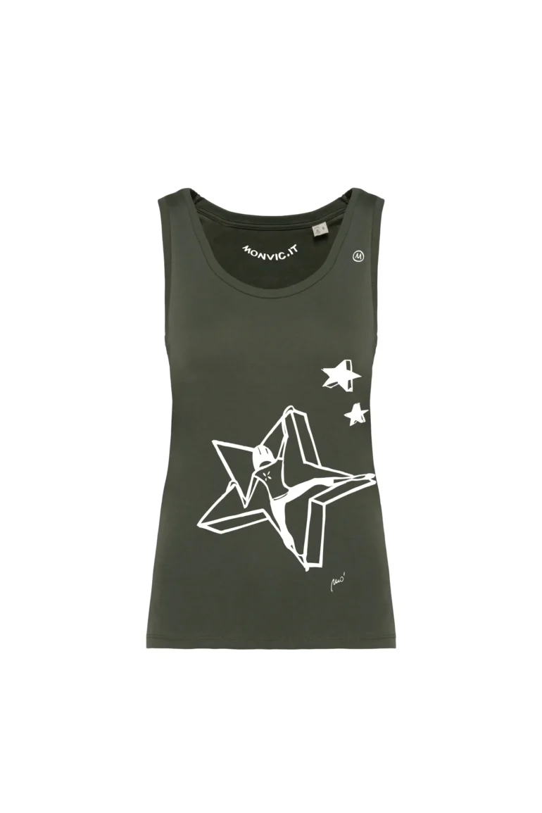 Top arrampicata donna cotone organico verde militare - grafica "Azi" KOKO ORGANIC by MONVIC