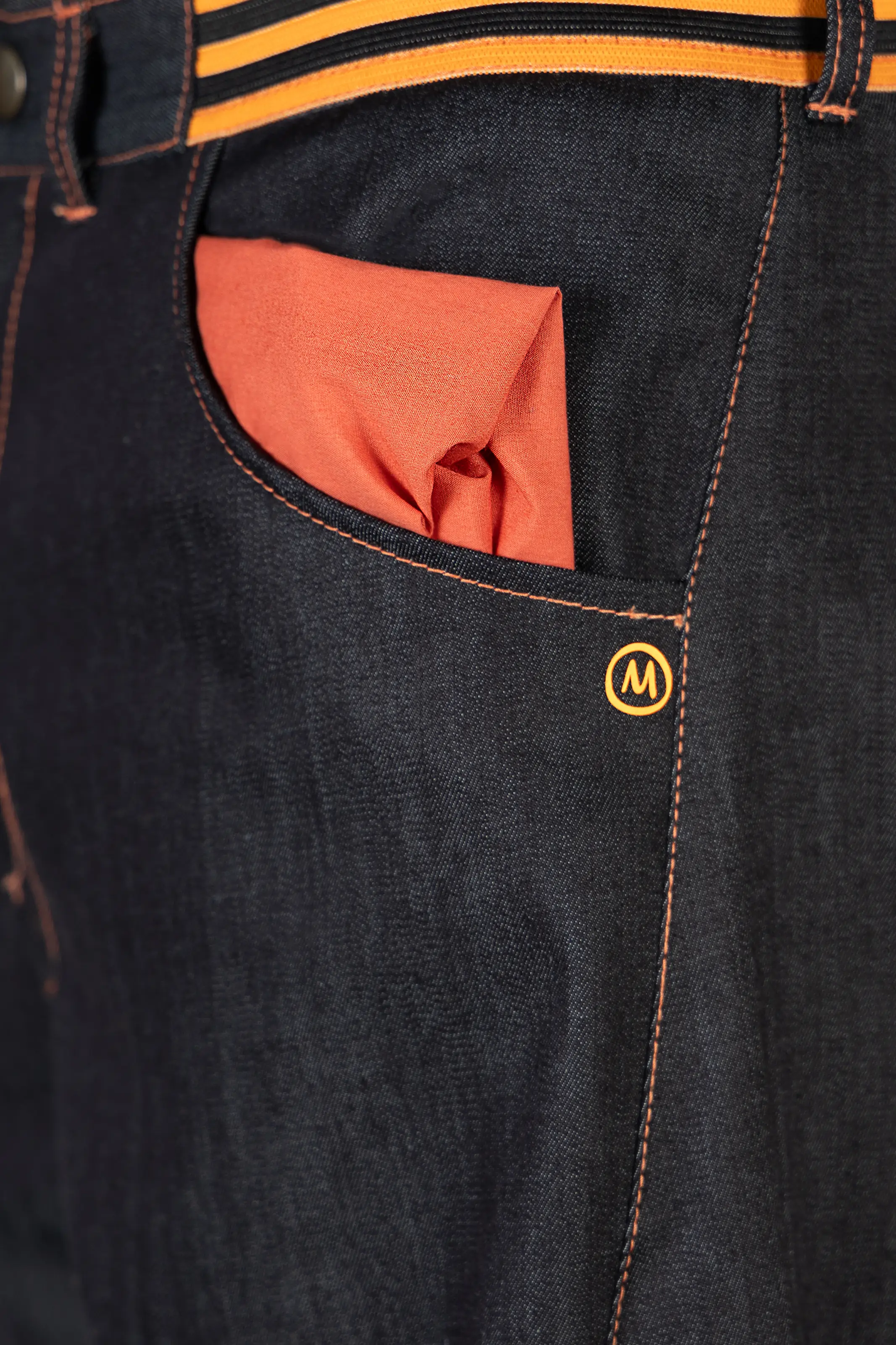 Men's denim climbing jeans with elastic waist - orange stitching - GEO STRIPES Monvic