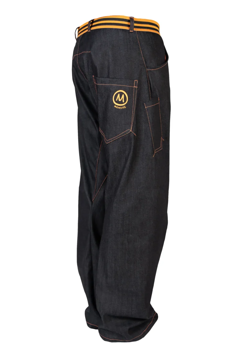 Jeans climbing unisex denim con elastico in vita - cuciture arancioni - GEO STRIPES Monvic