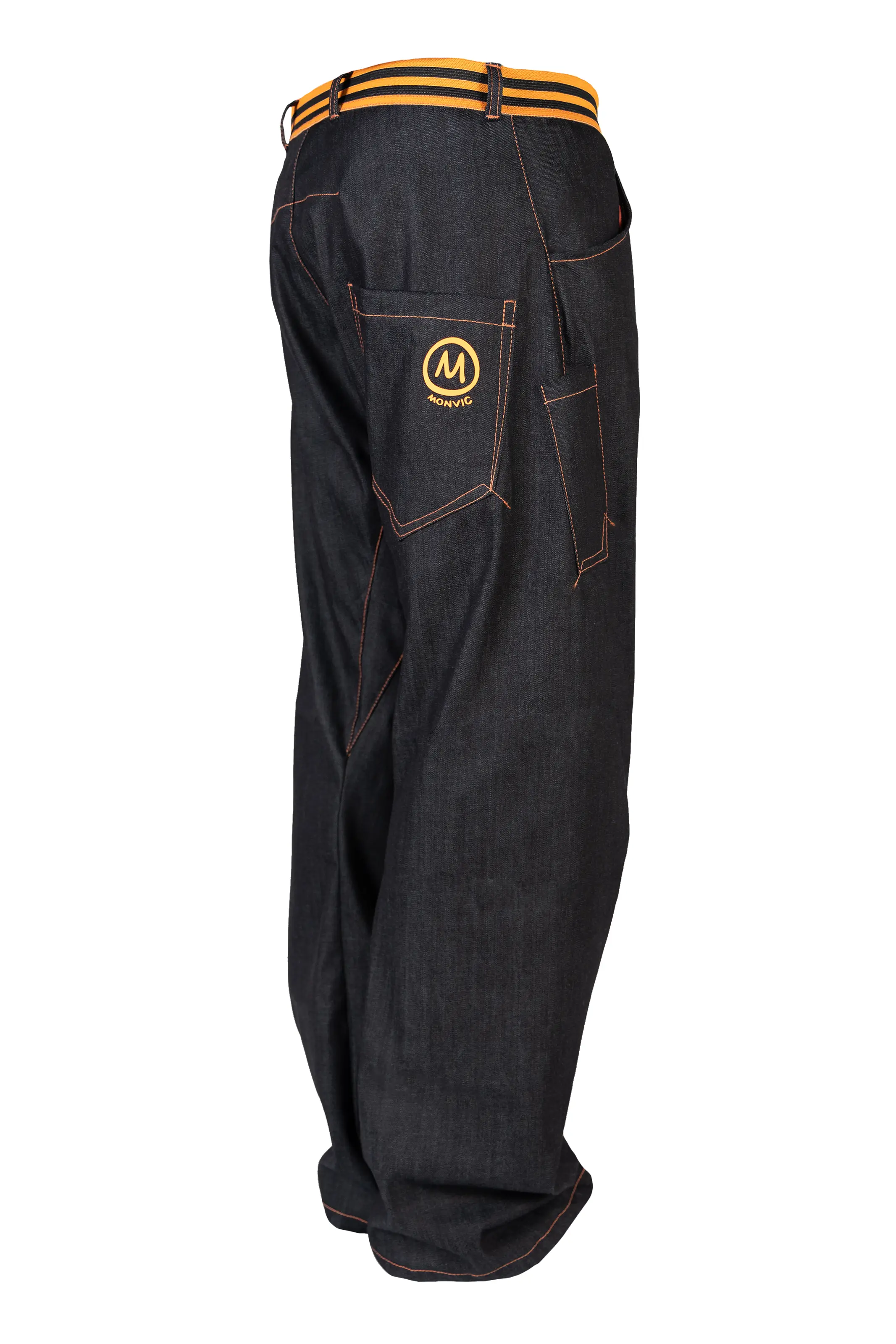 Men's denim climbing jeans with elastic waist - orange stitching - GEO STRIPES Monvic