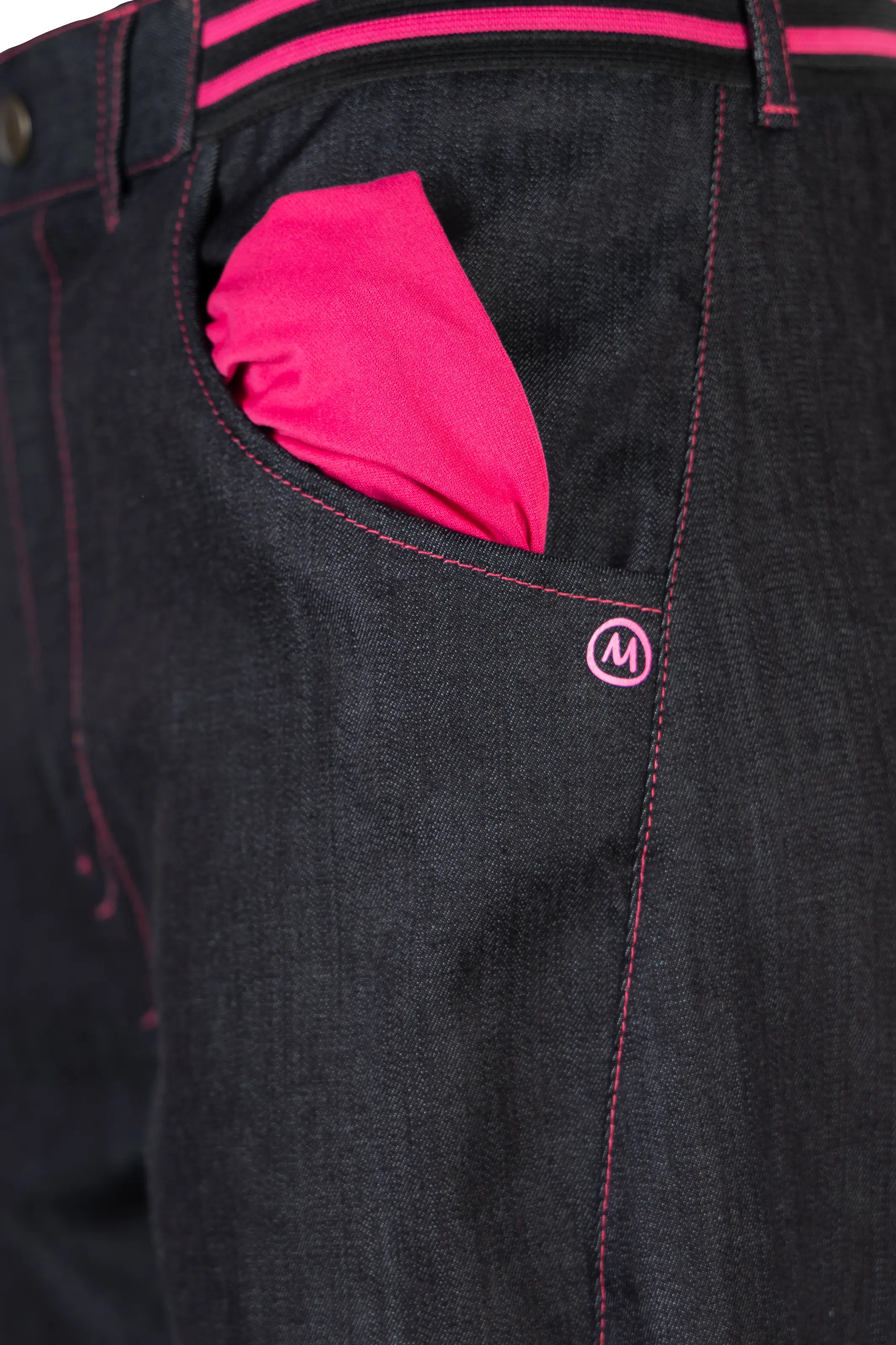 Unisex climbing jeans trousers with elastic waist - fuchsia striped elastic and stitching - GEO STRIPES Monvic