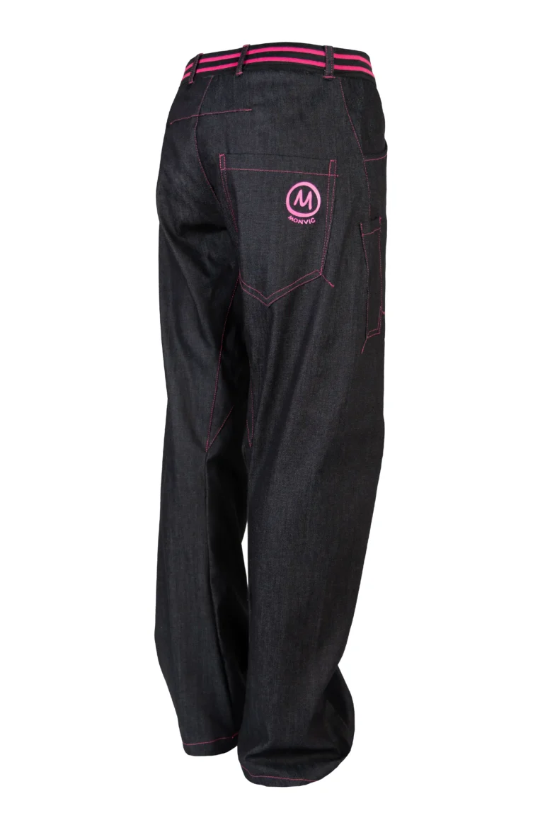 Unisex climbing jeans trousers with elastic waist - fuchsia striped elastic and stitching - GEO STRIPES Monvic