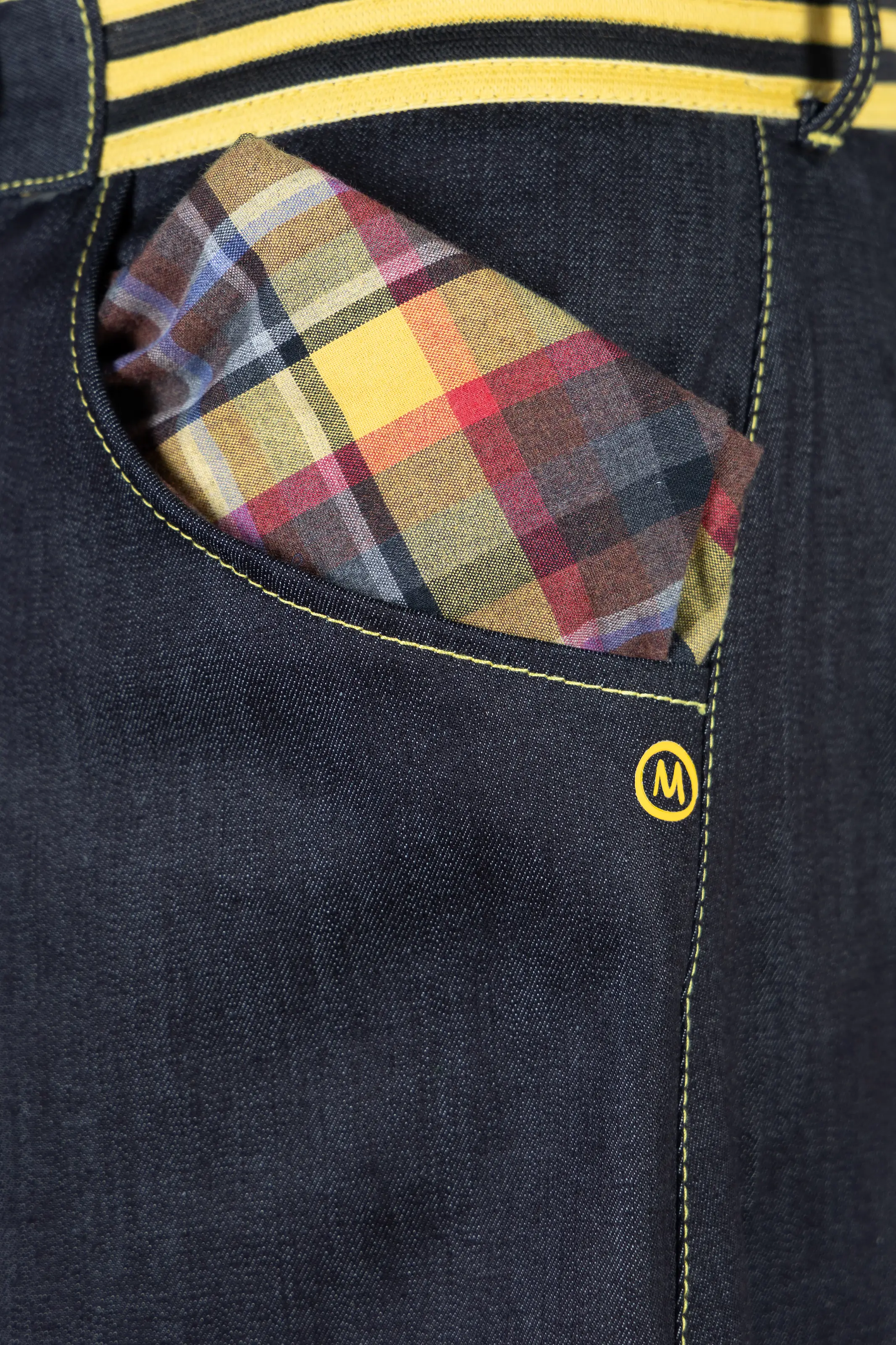 Unisex denim climbing jeans with elastic waist - yellow stitching - GEO STRIPES Monvic