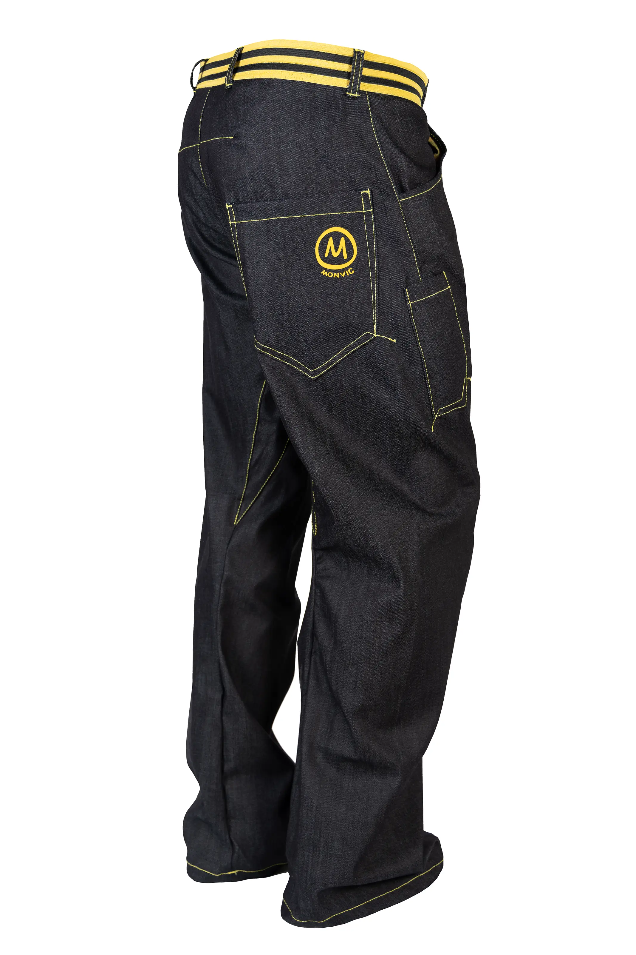 Jean d'escalade en denim taille élastique unisexe - coutures jaunes - GEO STRIPES Monvic