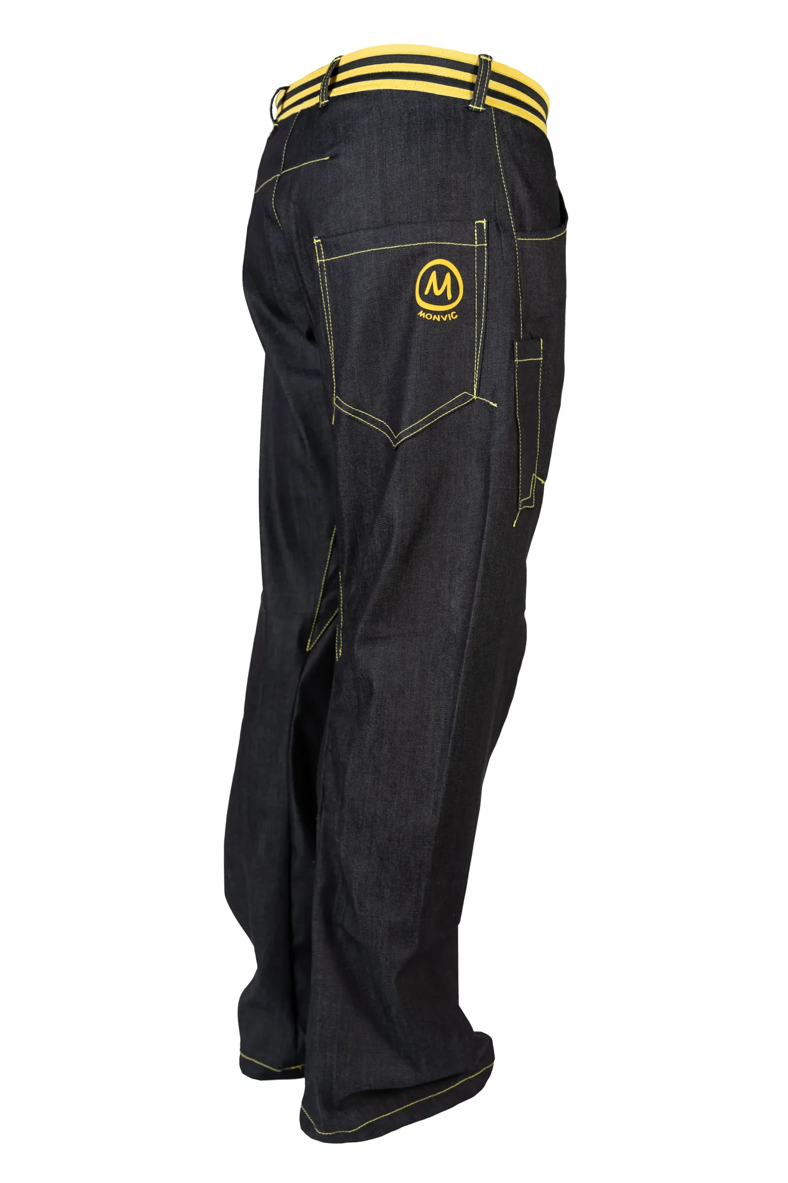 Unisex denim climbing jeans with elastic waist - yellow stitching - GEO STRIPES Monvic