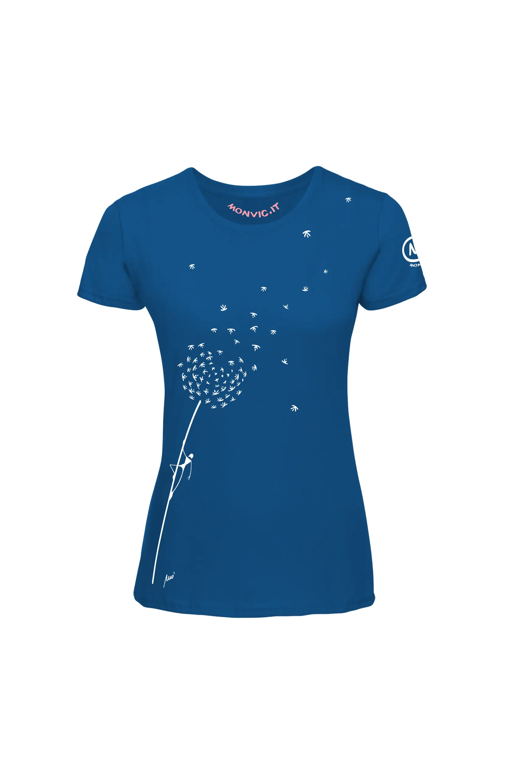 T-shirt arrampicata donna - cotone organico blu royal - "Blow" dente di leone - SHARON ORGANIC MONVIC