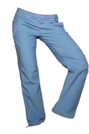 Women's light blue velvet trousers with orange stitching for climbing - VIOLET VELVET Monvic