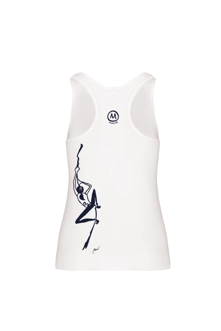 Women's cotton sports tank top with racerback design and Sabry artwork from the CLIMBING HER collection - white